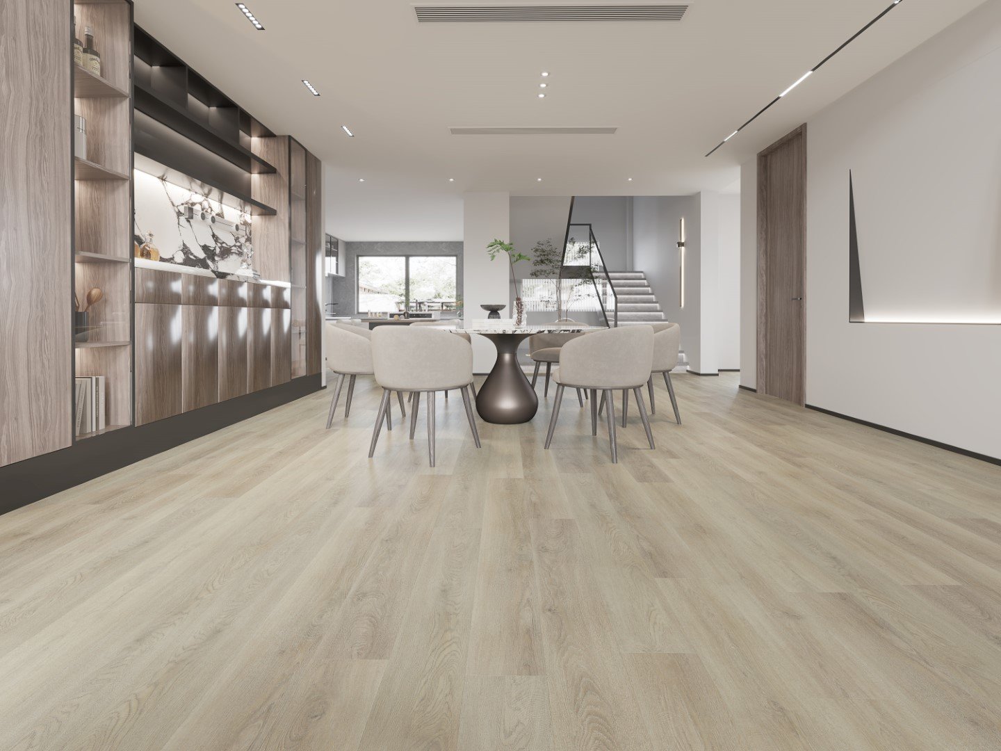 Natural Greige floor shown in a bright dining area
