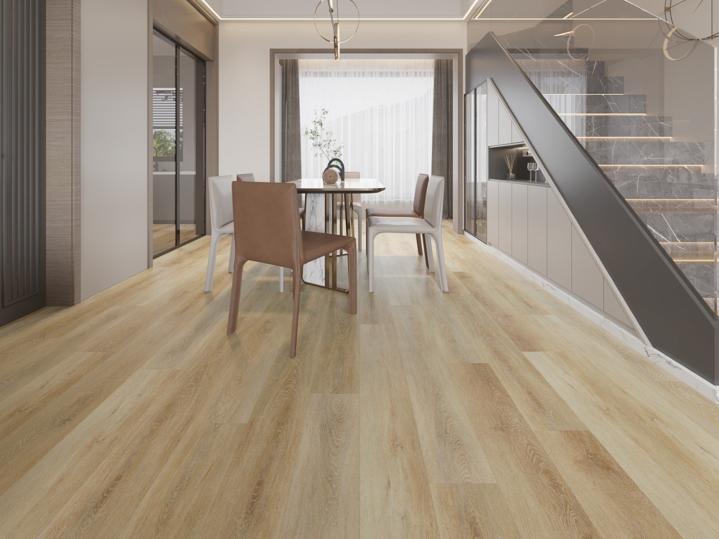 Honey Oak floor shown in a sunlit dining space
