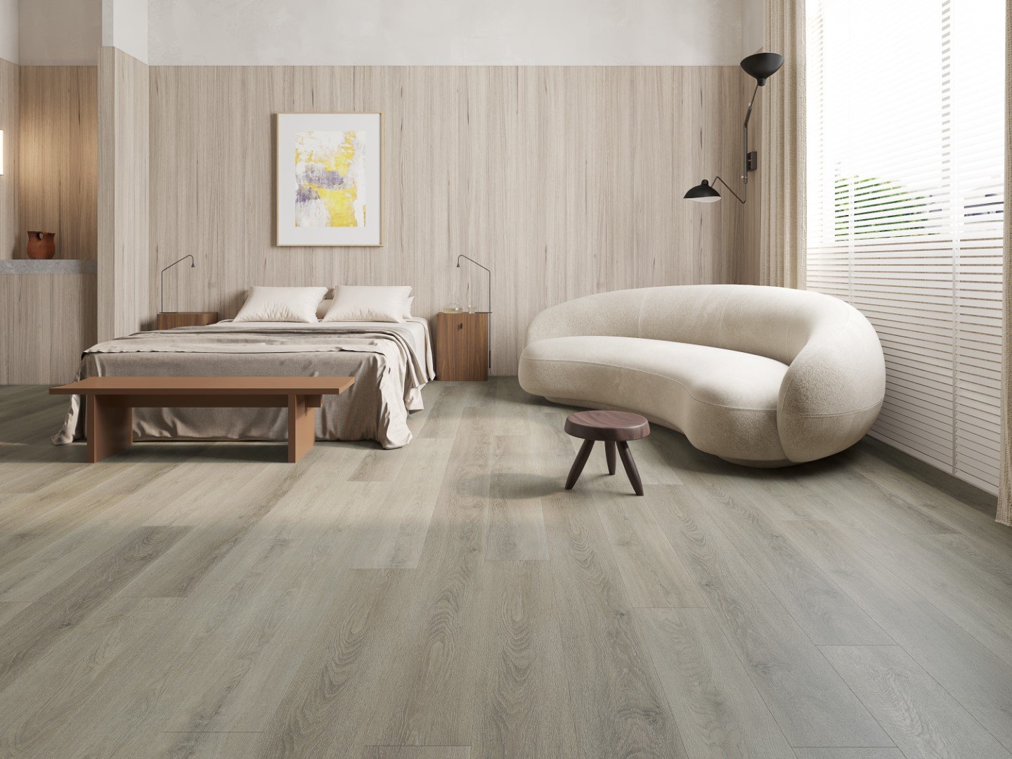 Driftwood Grey floor shown in a calm bedroom
